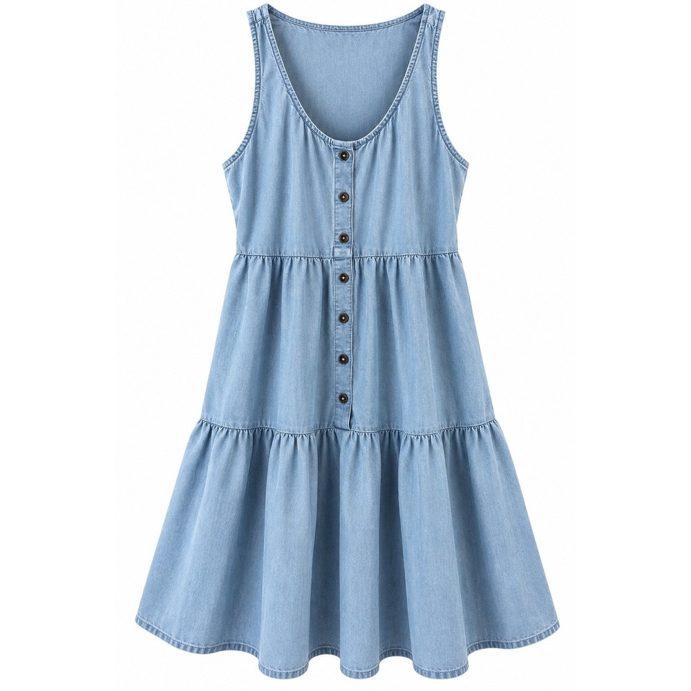 True Craft Light Wash Denim Tiered Babydoll Button Front Mini Dress Medium